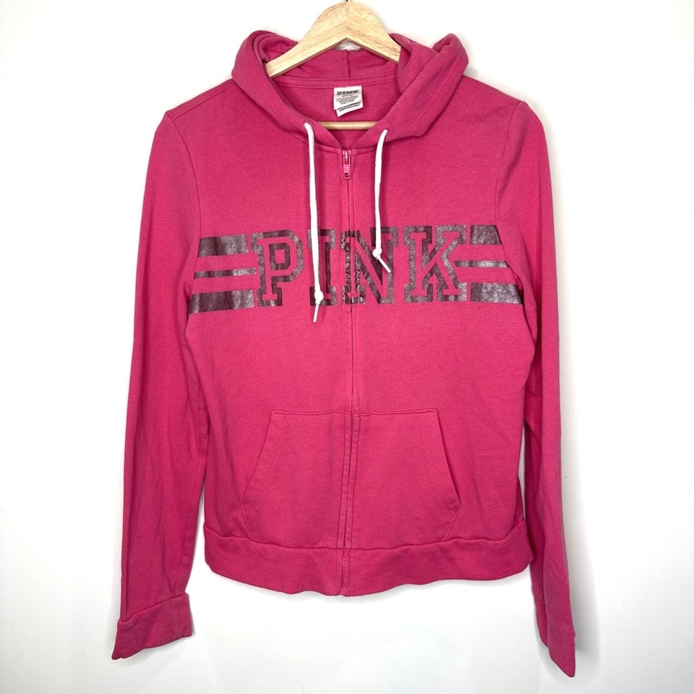 Vintage Y2K Victoria's Secret Pink Zip Up Hoodie Women's M Spell Out Logo Preppy